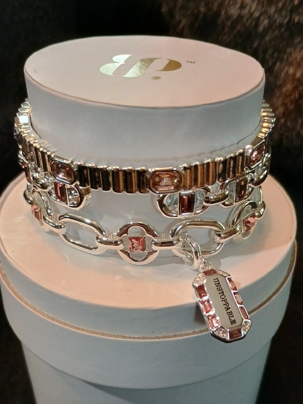 Silver Bracelet Stack with Light Brown Crystal Accents
